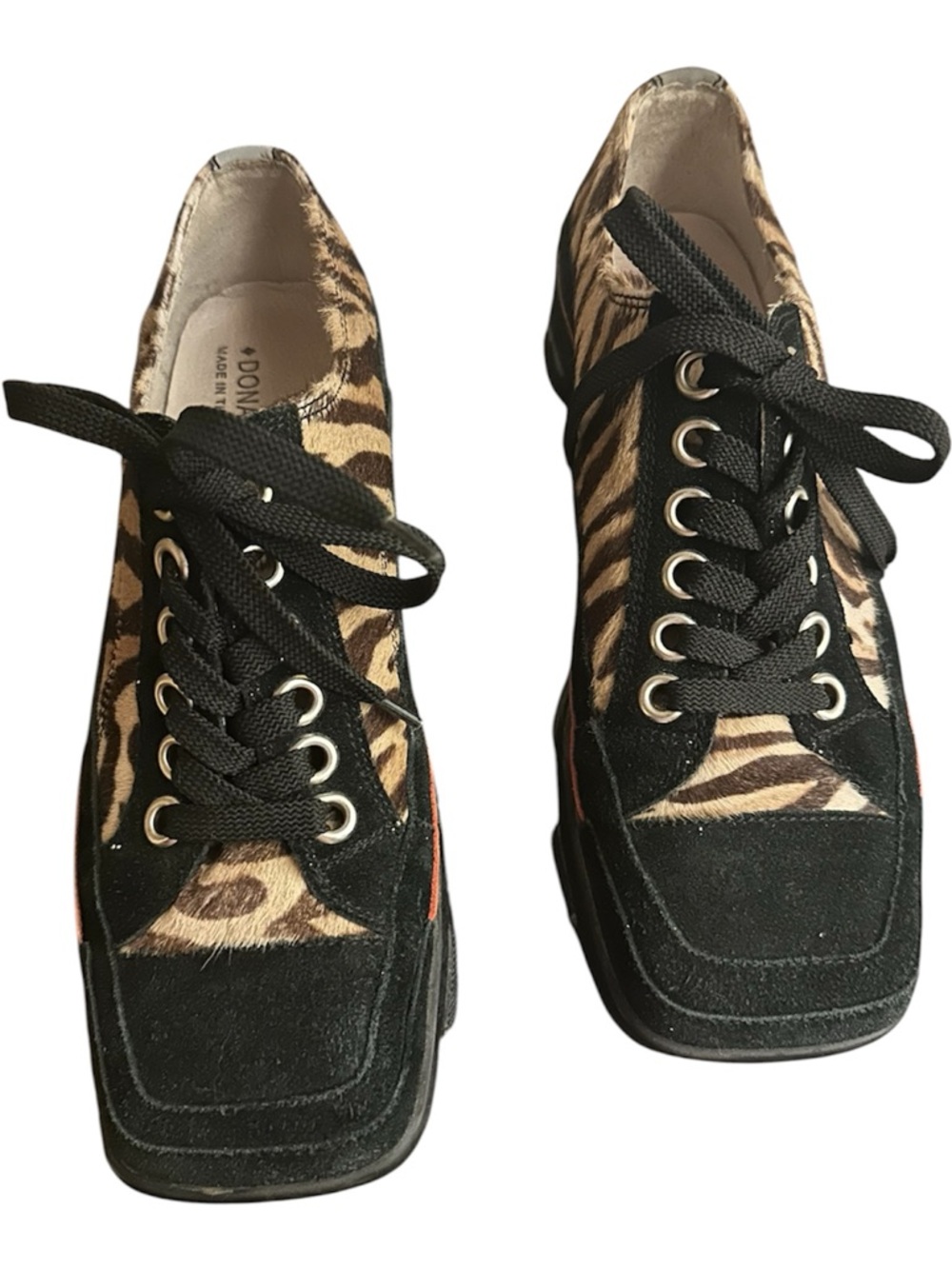 Platform Lace-Up Sneakers in Black and Brown Zebra Print